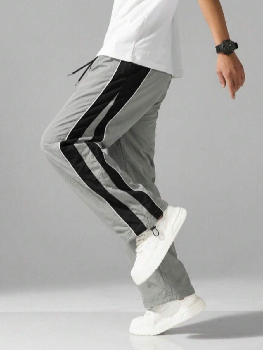 Men's Loose Fit Jogger Sweatpants With Contrast Line & Star Print, Elastic Waist, Outdoor Casual Everyday Pants - Grey - View 1