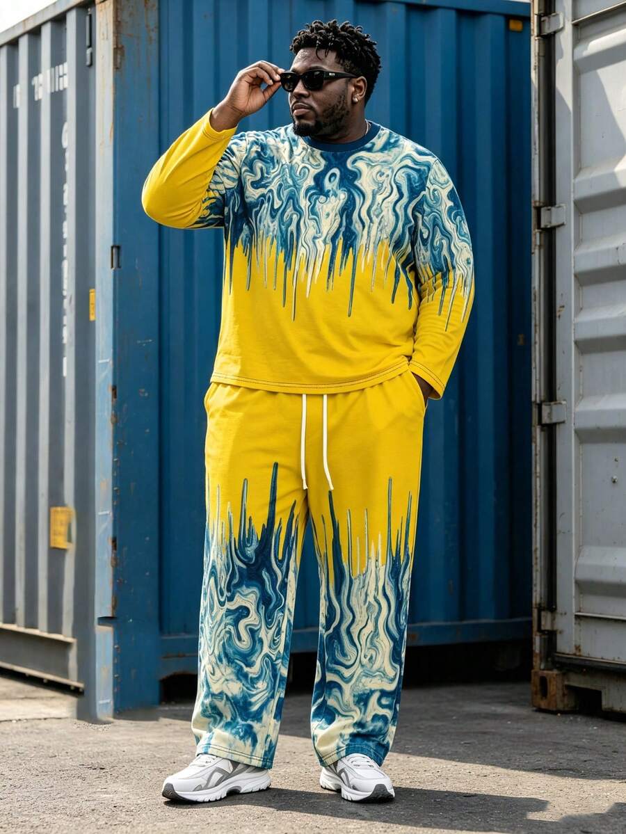 Plus Size Men's 2 Pieces Set, Men's Wide Leg Pants, Long Sleeve Graphic T-Shirt, Streetwear "Starry Sky Gradient Fluid Wave Tie-Dye Print" Pattern Outfit - Polyester Fabric, Drawstring, Pockets, Suitable For Plus Size - Yellow - View 1
