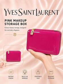 Kotak penyimpanan makeup YSL warna pink, 16,5 x 11 cm, satuan, finishing mengkilap dengan cermin terintegrasi, cocok untuk penggunaan sehari-hari dan menyimpan makeup serta aksesoris. - Berwarna merah muda - View 3