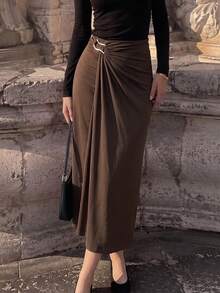 Women's Metal Buckle Pleated Elegant Midi Skirt For Office And Commute - Brown - View 3