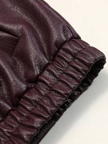 Autumn/Winter Solid Color Asymmetric Button Lapel Long Sleeve Loose PU Leather Jacket, Urban Street Style Fashion Outerwear - Burgundy - View 8