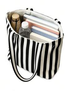 Ladies' Striped Canvas Handbag And Makeup Bag, Cute Casual Style, Floral Kitten Print, Large Capacity Shoulder Bag, Casual Striped Handbag, Work - Multicolor - View 8