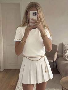 Women's Casual Contrast Color Ruffle Trim Round Neck Short Sleeve Knit Top, Summer, Chic & Elegant - Apricot - View 10