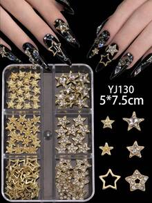 90 PCS Star Nail Charms Boxed Gold Silver Alloy 3D Rhinestone Star Nail Art Decor Multi‑Style Hollow Pentagram Nail Jewels DIY Manicure Accessories - Multicolor - View 3