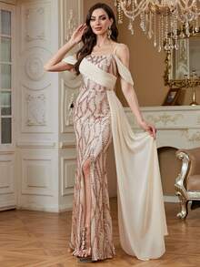 hezixi Sequin Spaghetti Strap Chiffon Flowing Evening Gown - Champagne - View 5
