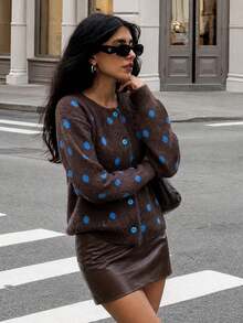 Women's Fashion Polka Dot Button Cardigan, Blue Button Street Style Sweater, Suitable For Autumn/Winter Thanksgiving, Halloween, Christmas Outfits - Coffee Brown - View 5