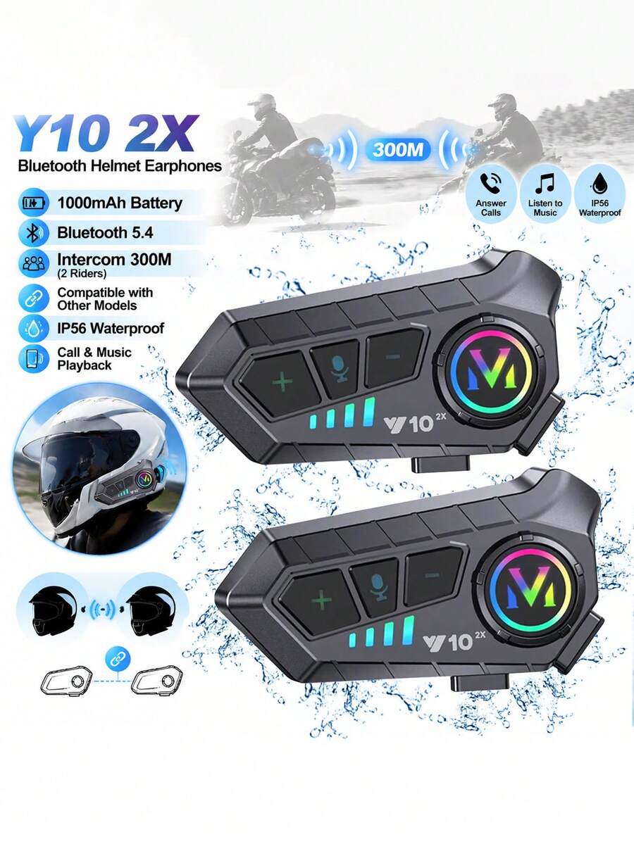 2 buah Headset Helm Bluetooth Motor V5.3 Nirkabel Bebas Genggam Pemutar Musik Stereo Speaker Baterai 1000mAh Headset Interkom Bluetooth Motor