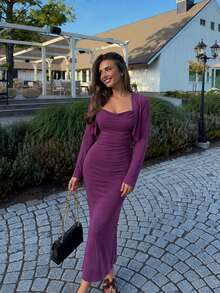 Elegant Long Sleeve Cardigan & Camisole Slim Fit Flattering Dress Set - Purple - View 4