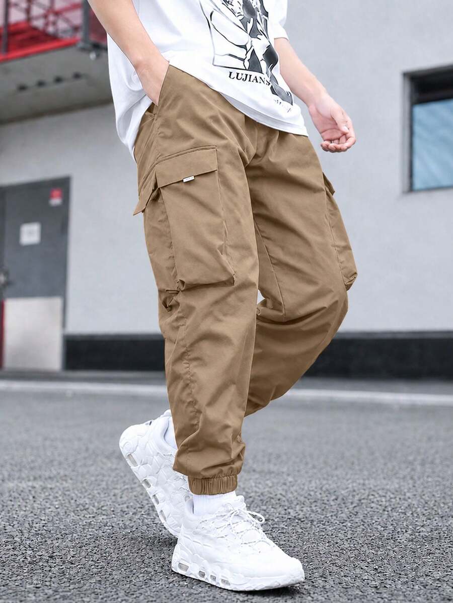1件青少年男童休闲运动户外时尚工装裤,带大口袋,春秋季 - 卡其色 - 查看 1