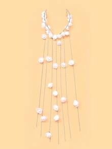 STONEFANS 1pc White Flower Tassel Headband, European & American Style Elegant Bridal Wedding Hair Accessory - Silver - View 7