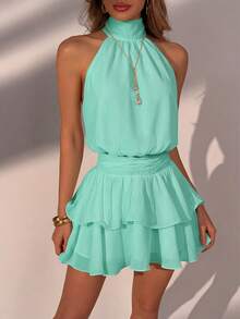 Elegant Fashion Green Halter Backless Layered Ruffle Mini Dress Wedding Gown - Mint Green - View 3