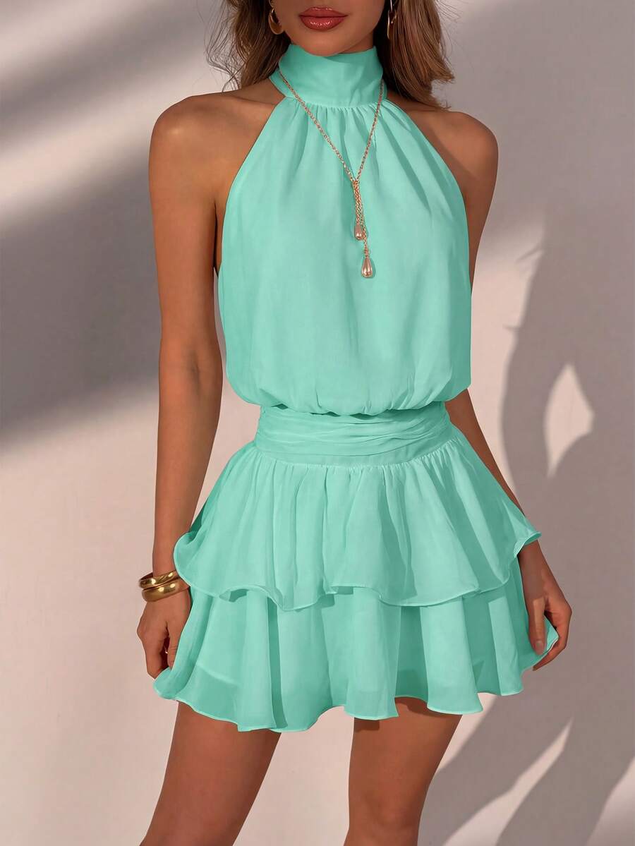 Elegant Fashion Green Halter Backless Layered Ruffle Mini Dress Wedding Gown - Mint Green - View 1