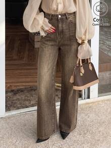 Women's Khaki Washed Wide Leg Jeans, Vintage Distressed Brown Tone Loose Drape Versatile Commute Casual Long Pants - Khaki - View 3