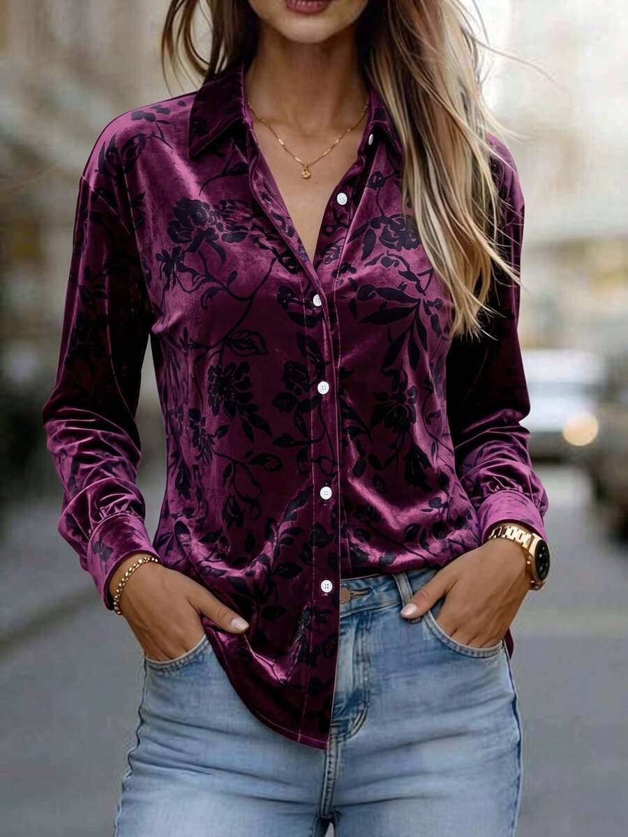 Women's Purple Velour Floral Jacquard Button Front Collared Long Sleeve Shirt For Business, Office, Commute, Vacation, Holiday, Spring Fall Winter - Dark Purple - View 1