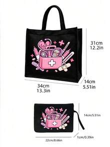 Pink Medical-Themed Linen Button Tote Bag & Makeup Bag Set, Includes Large & Small Wallet, Handbag, Coin Purse, Card Holder; Also Comes With Reusable Burlap Shopping Bag, Portable Travel Beach Bag (Matches Makeup Bag), Portable Book Storage Handbag, Women's Bags, Christmas, Halloween, Teacher's Day Gifts, Suitable For Back To School, Beach Trips, Travel, Vacation And Leisure - Multicolor - View 11