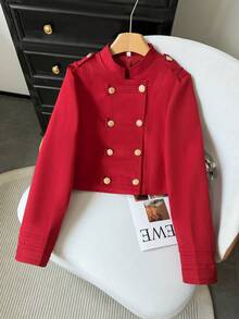 Women's Autumn New French Vintage Stand Collar Bright Red Double-Breasted Gold Button Short Jacket, Petite Height-Enhancing Waist-Cinching Commuter Top - Red - View 9