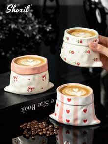 shoxil 1pc Multi-Pattern Handmade Ceramic Mug 300ml, Exquisite Underglaze Floral Cherry Bow Coffee Cup, Soft Ins Style Drinkware, Suitable For Housewarming Holiday Gift, Bedroom Decor And Teenage Girls - Multicolor - View 5