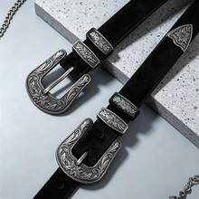 1PC Unisex Retro Western Boho PU Suede‑Like Decor Waist Belt, Engraved Double Metal Buckle For Jeans All‑Season Street Casual Daily Outfit Matching - Black - View 3