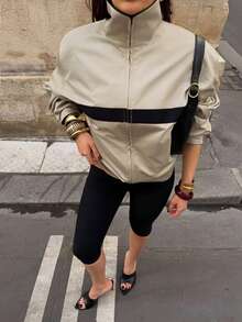 Autumn/Winter Colorblock Lapel Long Sleeve Loose Casual Jacket, Urban Commute Office Street Style Outerwear - Khaki - View 6