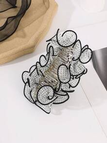 1件韓式黑白波點布料荷葉邊髮夾 3D花朵抓夾 女款懶人盤髮 秋季穿搭優雅後腦勺髮飾 - 彩色 - 查看 5