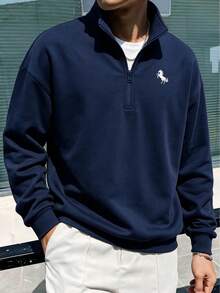 Men's Navy Blue Half-Zip Stand Collar Sweatshirt, Autumn/Winter, Small Horse Logo Embroidery On Chest, Relaxed Drop Shoulder, Commuter Casual Pullover - Navy Blue - View 3