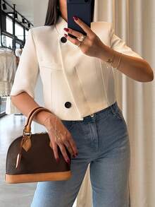 New Autumn White Short Blazer, Woven Fabric Slim Fit Commuter Style 5-Sleeve Top, Suitable For Summer - White - View 1