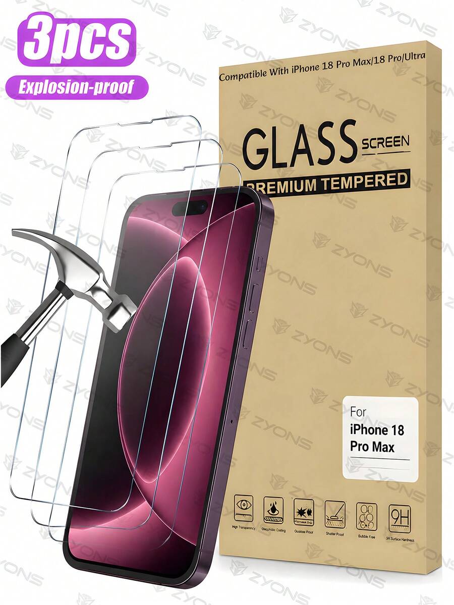 ZYONS 3pcs Ultra-Durable Full Screen HD Tempered Glass Screen Protector, Compatible With IPhone 18 Pro Max/18 Pro/Ultra/Fold/17/17Pro/17Air/17Pro Max/16/16Pro/16Pro Max/15/15Pro/15Pro Max/14/14Pro/14Pro Max/13/13Pro/13Pro Max/12/11/XS/8/7. Anti-Scratch, Anti-Shock, Anti-Fingerprint, 9H Hardness, Easy Installation. Not Full Screen - Clear - View 1
