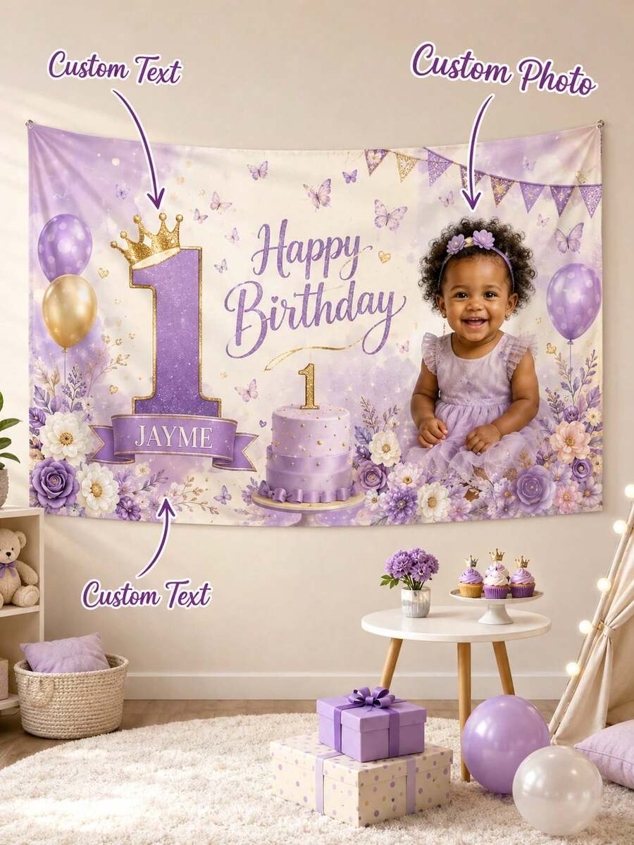 Personalized 1st Birthday Photo Tapestry, Custom Name & Age Purple Butterfly Floral Party Backdrop, 90g Smooth Polyester Wall Hanging, Suitable For Birthday Decoration, Dessert Table Background, Bedroom Nursery Decor, Multiple Sizes - Multicolor - View 1