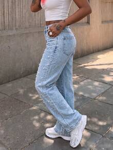Women's Vintage Pearl Decor Light Wash Denim Flare Jeans With Button And Pocket Details - Light Wash - View 5
