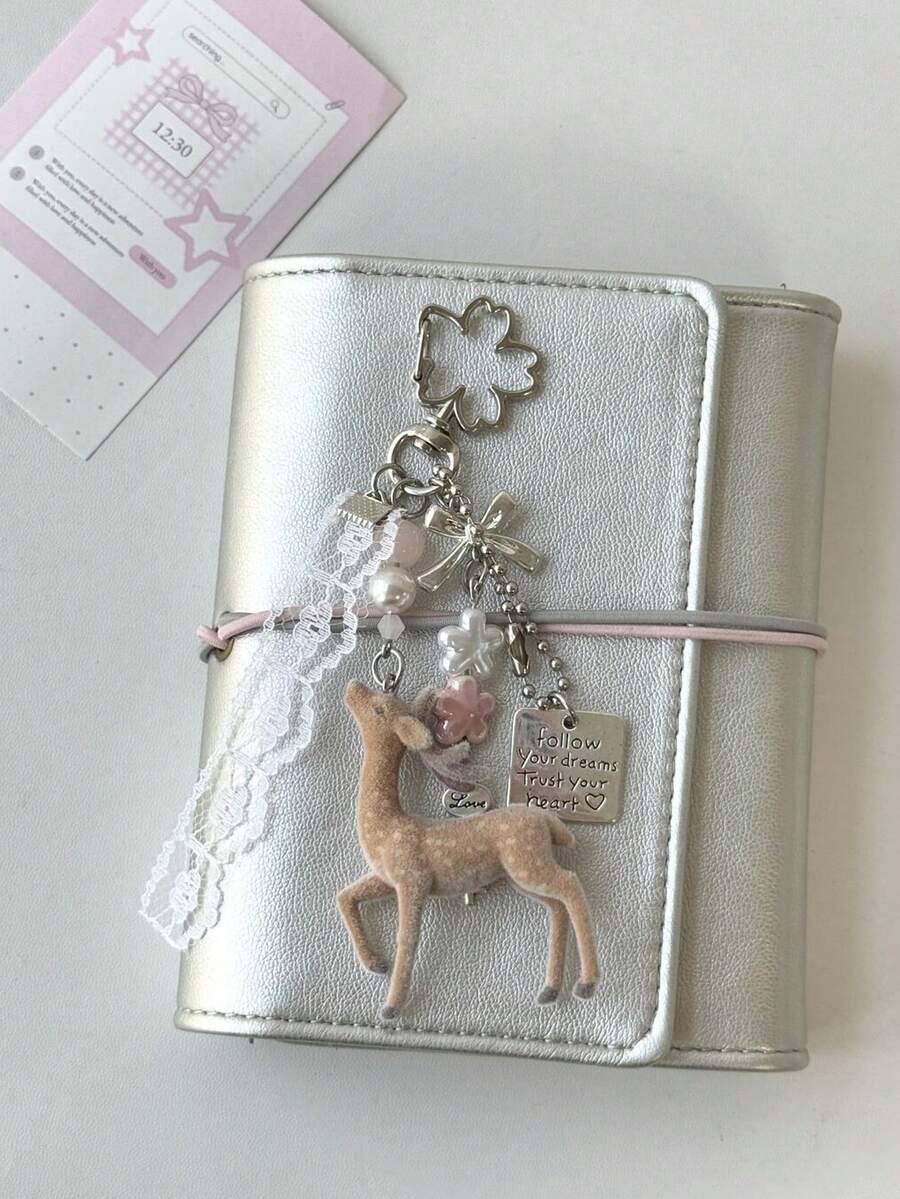 Deer Keychain Pendant Lace Pearl Bow Bag Charm Korean Sweet Clover Backpack Hanging Chain Y2K Girl Style Gift - Apricot - View 1