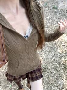 V-Neck Cable Knit Hooded Long Sleeve Pocket Sweater - Brown - View 4