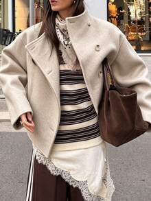 Autumn/Winter Classic Lapel Long Sleeve Loose Mid-Length Wool Coat, Casual Everyday Style - Apricot - View 5