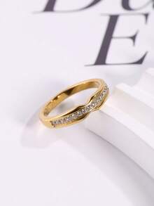 1pc Stainless Steel 18K Gold Plated Wavy Curved Half-Circle Rhinestone Ring, Elegant Elegant, Suitable For Dress, Shirt, Daily Wear, Versatile Commute Accessory - Wavy Half-circle Rhinestone Ring - View 7