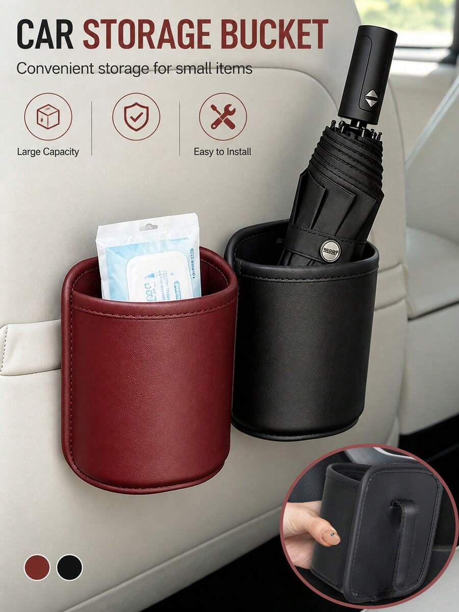 1pc Modern Minimalist PU Leather Cylindrical Hanging Bag, Large Opening With Stitched Edge, Durable And Stable, Suitable For Water Bottles, Beverage Bottles, Small Items, Car Headrest, Back Seat, Car Door Side Cup Holder Storage And Organization, Car Essential