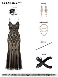 Gaun elegan bergaya vintage tahun 1920-an dengan payet, leher V, dan tali spaghetti, cocok untuk pesta, acara malam hari, dan kesempatan lainnya. - Hitam - View 10