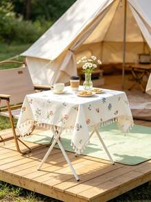 MineLain 1pc Spring/Summer Fresh Ditsy Floral Square Tablecloth, Beige Tassel Decor, Bedside Table, Small Table, Coffee Machine Cover, Easy To Carry, Desktop Decoration, Room Decoration, Suitable For Bedroom, Living Room, Study, Picnic, Party, Holiday, Camping, Outdoor Decoration, Spring/Summer Decoration, All Season Use - Multicolor - View 6