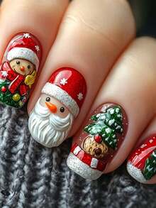 24pcs Christmas Wearable Nails, Short Square Glossy False Nails With 3D Embossed Santa Claus, Snowman, Christmas Tree Patterns, Full Coverage, Reusable, Suitable For Holiday Parties - Multicolor - View 7