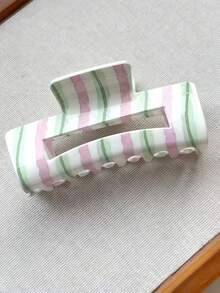 1pc Women's Watercolor Pink & Green Striped Hollow Hair Clip Acrylic Large Shark Claw Clip Daily Hair Accessory - Multicolor - View 3