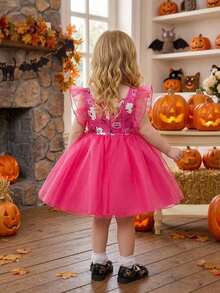 Gaun Putri Organza Merah Mawar untuk Pesta Halloween Bayi Perempuan, Cocok untuk Pesta. - Hot Pink - View 3