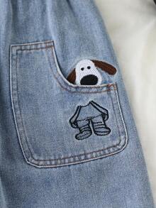Young Boy Denim Jeans, 2-7 Years Old Elastic Waist Loose Fit Jeans, Back Pocket Dog Embroidery, Light Wash, Casual Daily Wear - Medium Wash - View 5