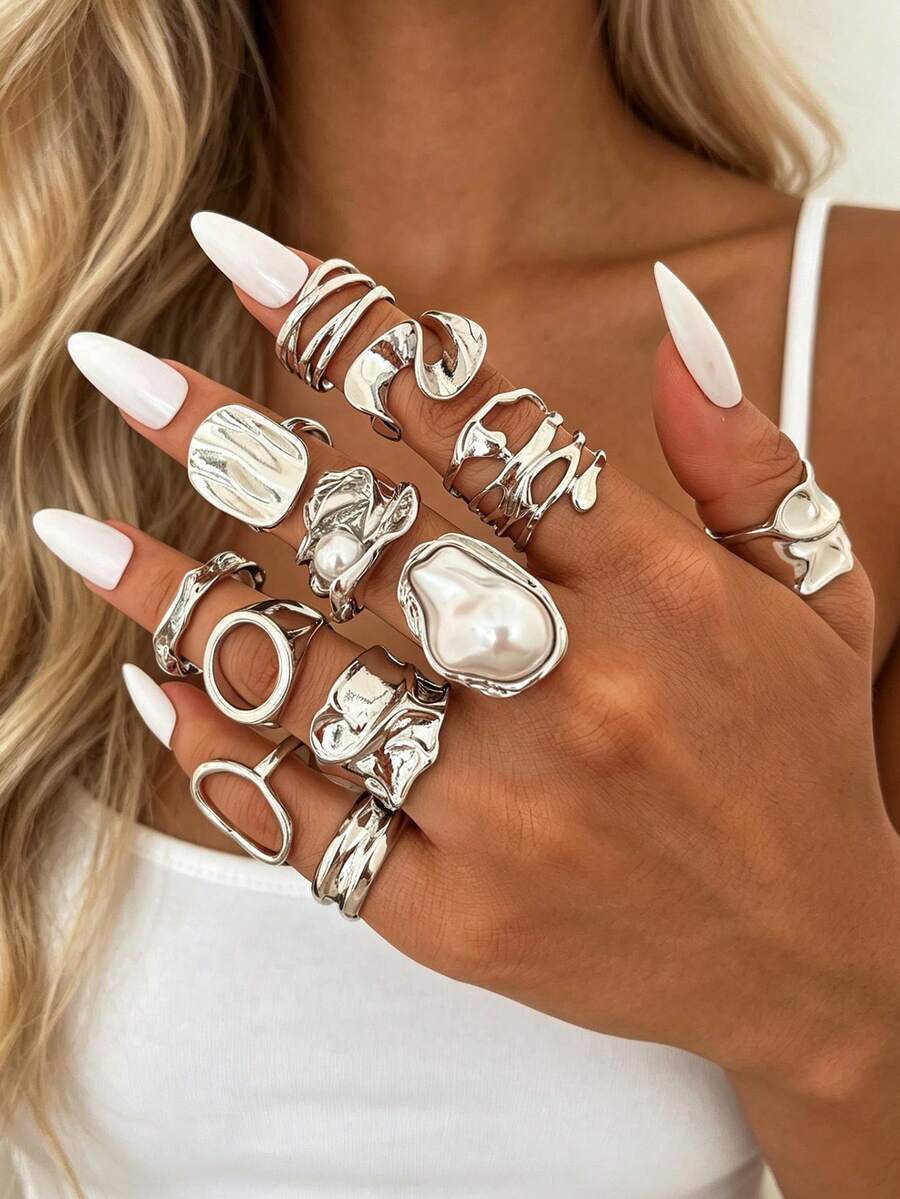12/1pc Vintage Fashion Punk Style Irregular Pearl Pleated Geometric Silver Ring Set, Suitable For Women's Daily Wear, Party, Vacation, Gathering, Layering, Gift - Silver - View 1