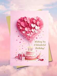 2D Exquisite Birthday Card (With Envelope), Featuring Heart-Shaped Cake And Balloon Design, Perfect As A Birthday Gift For Family And Friends. Unique Birthday Card, Delicate Aesthetic Piece, Vibrant Printed Artwork, Essential For Back To School - Multicolor - View 1