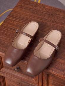 Women's Fashion Square Toe Slip-On Casual Shoes, Brown Color, Versatile For Office, Outdoor Activities, Spring & Autumn, High-End Quality Mary Jane Flat Mules - Brown - View 1