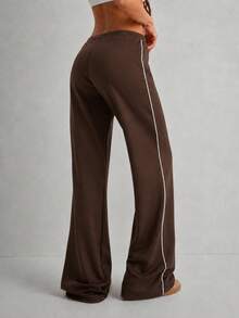 Women's Low-Rise Modal Knit Drawstring Wide-Leg Pants With Contrast Piping - Coffee Brown - View 4