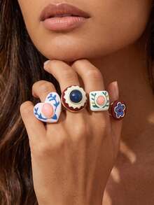 1pc Creative Design Fresh Pastoral Style Painted Geometric Open Ring Elegant Versatile Women's Hand Jewelry Suitable For Daily Wear And Date Party - Multicolor - View 1