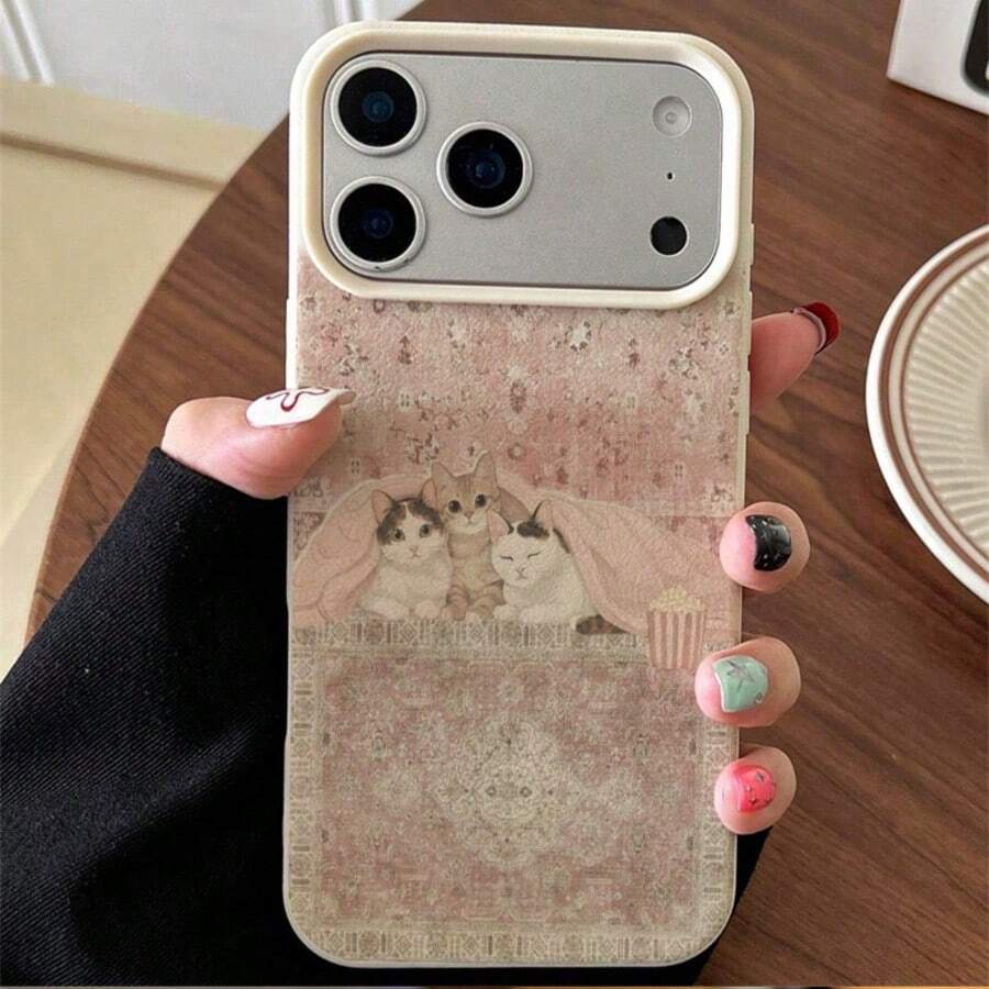 1pc TPU Material Retro Pink Slouchy Cat Pattern Phone Case Compatible With IPhone 17 Pro Max/17/16 Pro Max/15/13/12/11/ S20 FE/A15/S24/A55/ Note 11/Note 12/Note 13 Pro Full Coverage Anti-Drop Soft Protective Shell - White - View 1