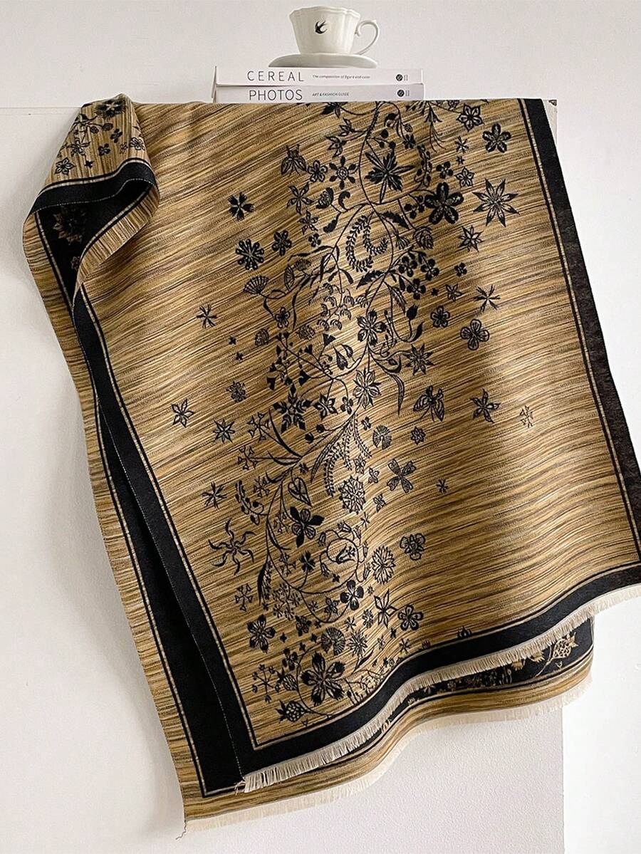 1 قطعة وشاح مستطيل سميك بنمط إطار زهور برية عتيقة 70*190 سم، بوليستر مصقول كاشمير صناعي، متعدد الاستخدامات في الخريف والشتاء كوشاح وشال وغطاء رأس - متعدد الألوان - مشاهدة 1