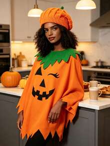2pcs/Set Halloween Pumpkin Face Poncho Costume Set Knit Pumpkin Hat Party Outfit For Women Holiday Cosplay - Orange - View 2