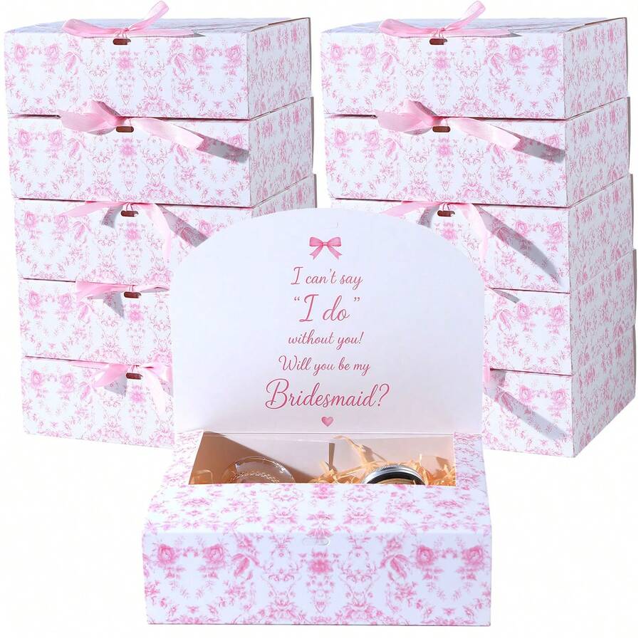 5pcs Pink Floral Pattern Gift Boxes With Lids, 10.6*8.78*3.15 Inches Groomsman Proposal Boxes, Luxury Gift Boxes With Pink Ribbon, Suitable For Bridesmaid Boxes, Graduation, Christmas, Wedding, Birthday, Party - Pink Floral Pattern - View 1