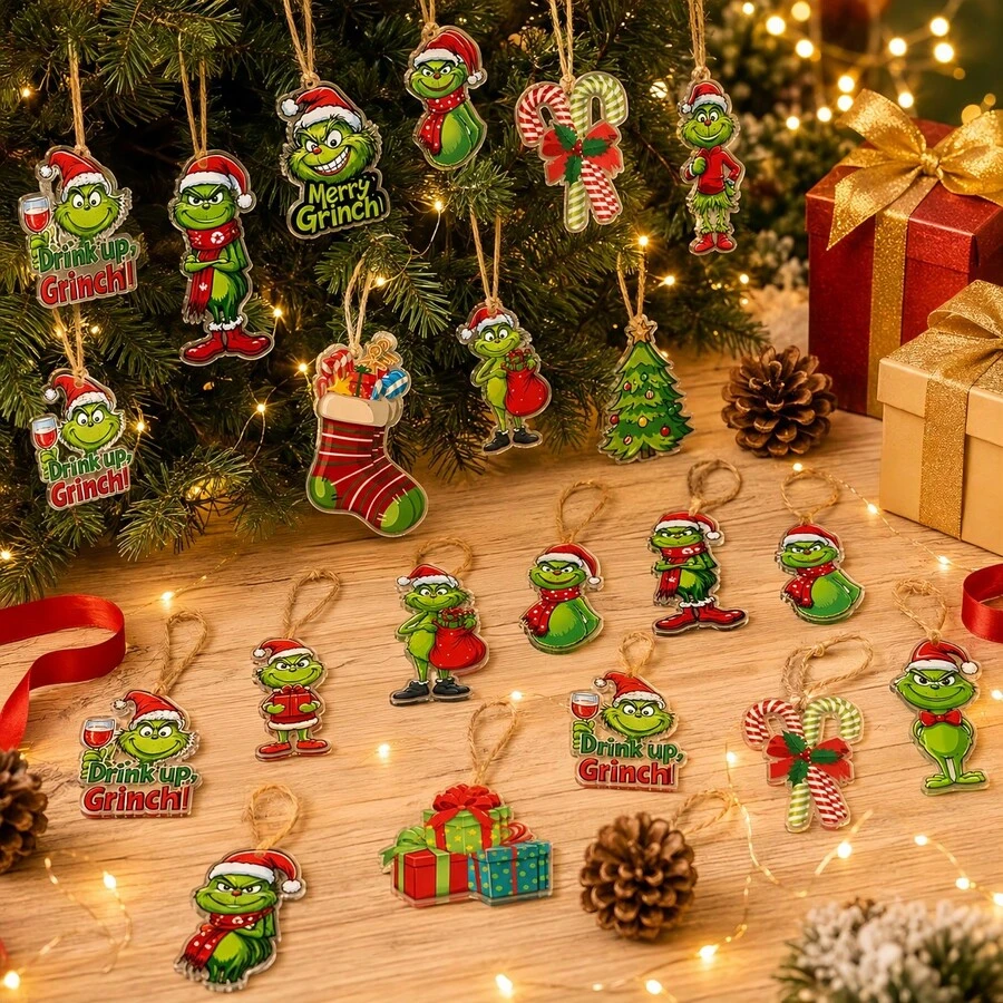 The Grinch 12pcs Christmas Hanging Decoration Set, Fun Christmas Tree Ornaments With Gift, Candy Cane And Sock Patterns, Holiday Party Hanging Decorations, Christmas Tree Pendants, Holiday Home Decor And Christmas Gifts - A - View 1